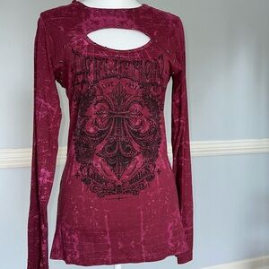 Affliction buckle brand long sleeve studded burgundy top